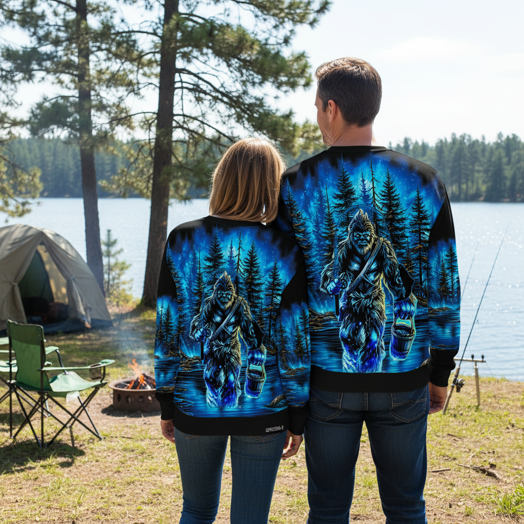 Bigfoot Fishing Blue Moon Light All Over Print Shirt