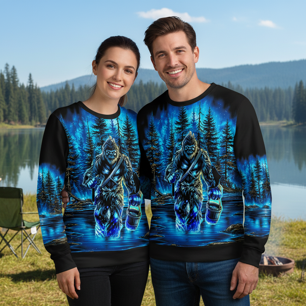 Bigfoot Fishing Blue Moon Light All Over Print Shirt