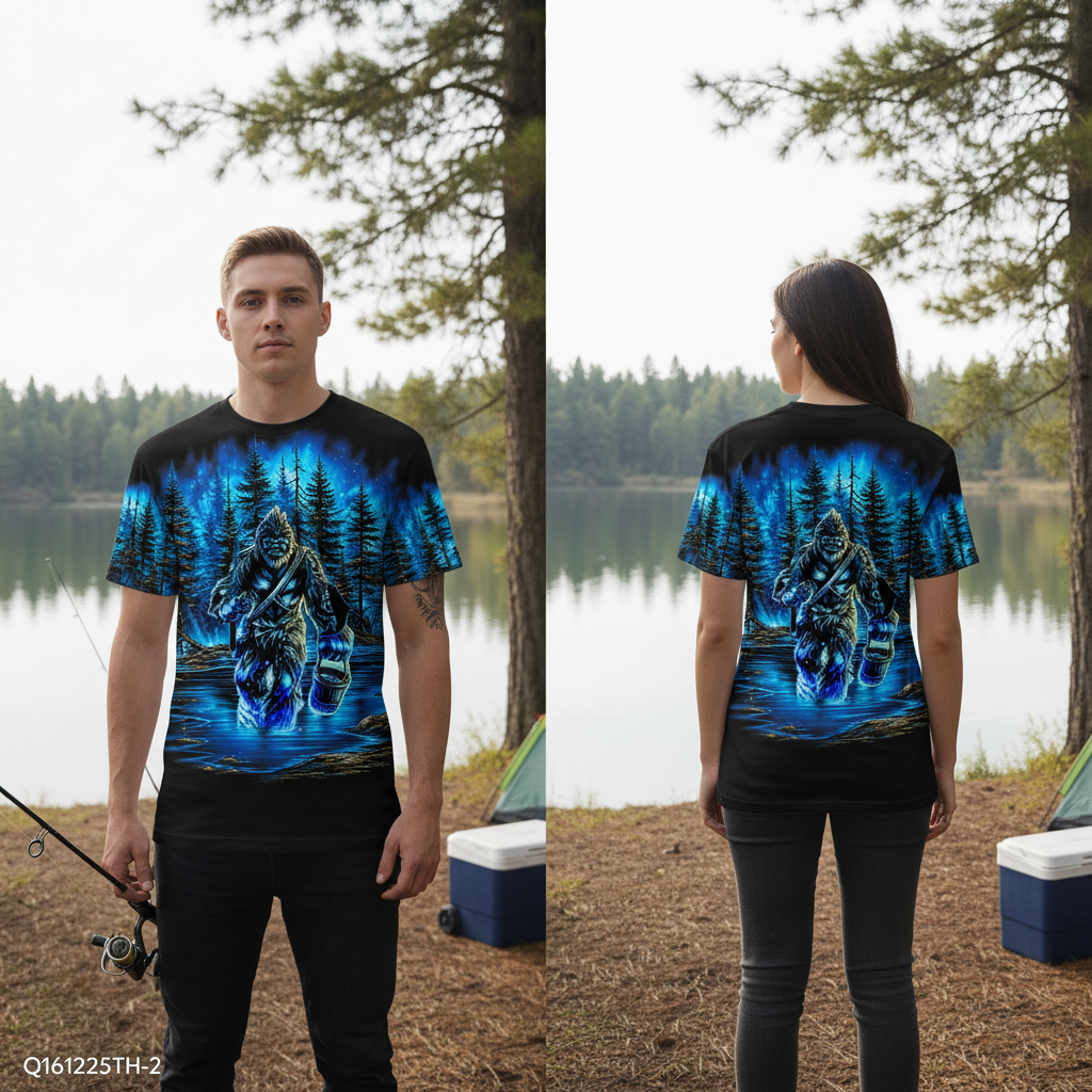Bigfoot Fishing Blue Moon Light All Over Print Shirt