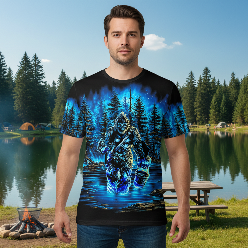 Bigfoot Fishing Blue Moon Light All Over Print Shirt