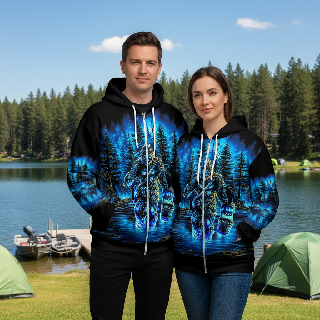 Bigfoot Fishing Blue Moon Light All Over Print Shirt