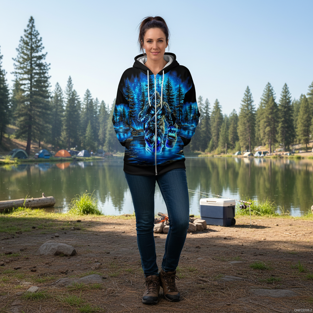 Bigfoot Fishing Blue Moon Light All Over Print Shirt