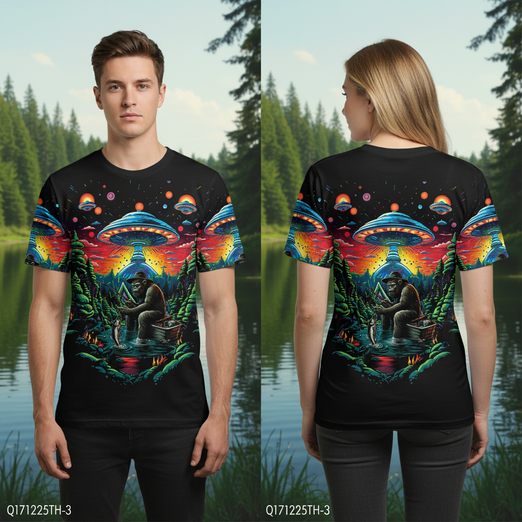 Bassquatch Bigfoot Fishing Forest All Over Print Shirt