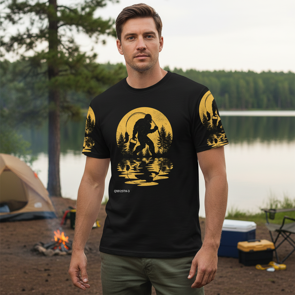Bigfoot Fishing Forest Vintage  All Over Print Shirt