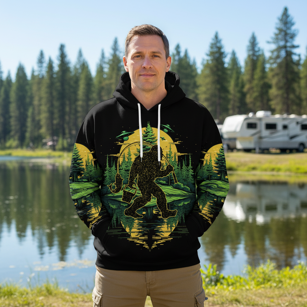 Bigfoot Fishing Green Alien Forest All Over Print Shirt
