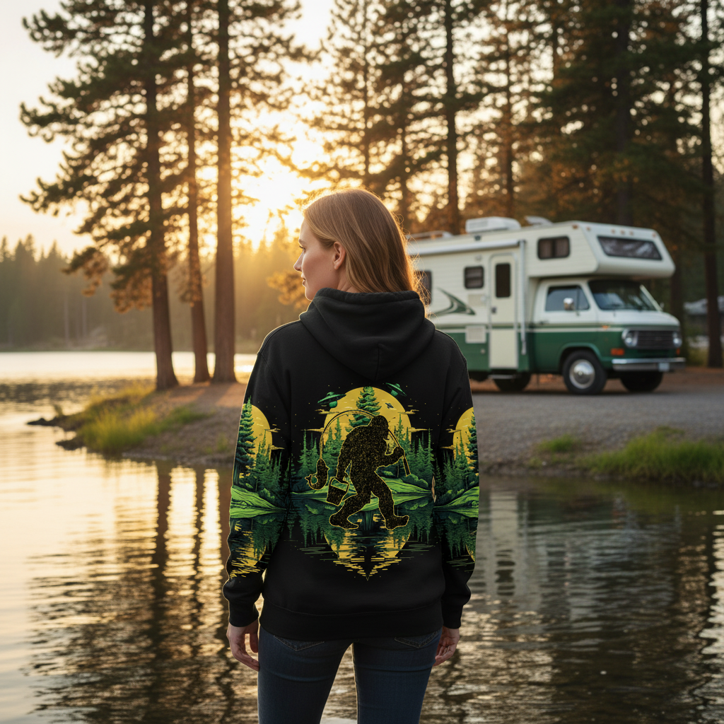 Bigfoot Fishing Green Alien Forest All Over Print Shirt