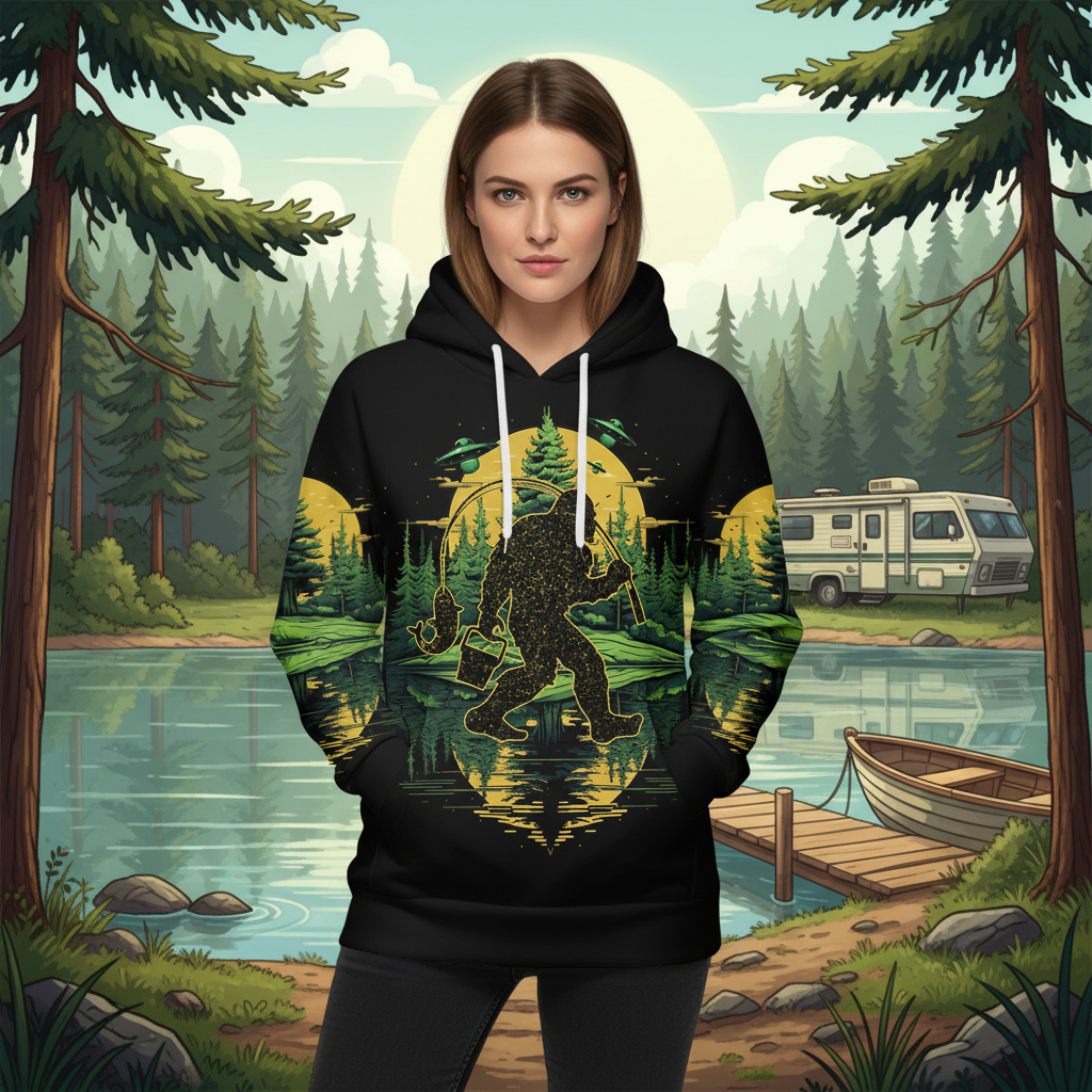 Bigfoot Fishing Green Alien Forest All Over Print Shirt