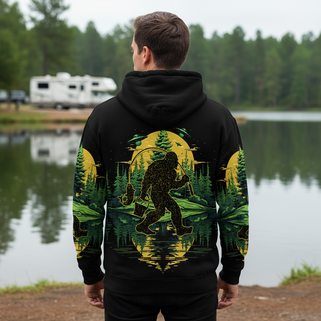Bigfoot Fishing Green Alien Forest All Over Print Shirt