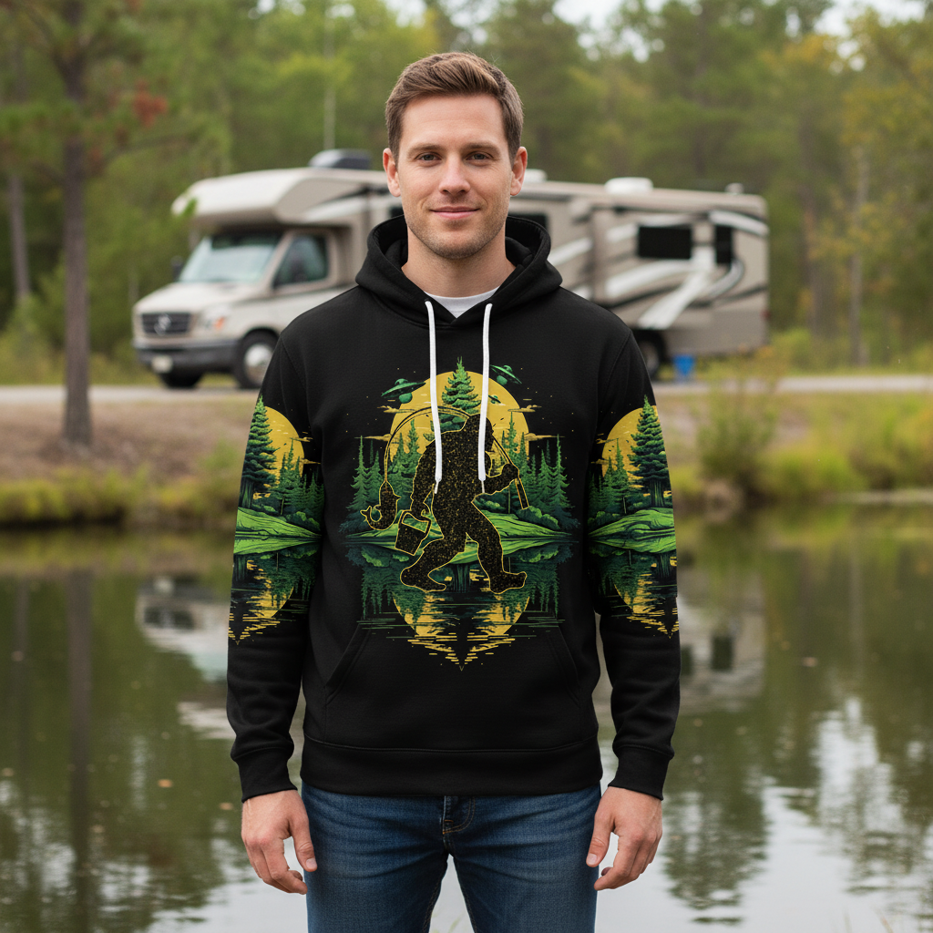 Bigfoot Fishing Green Alien Forest All Over Print Shirt
