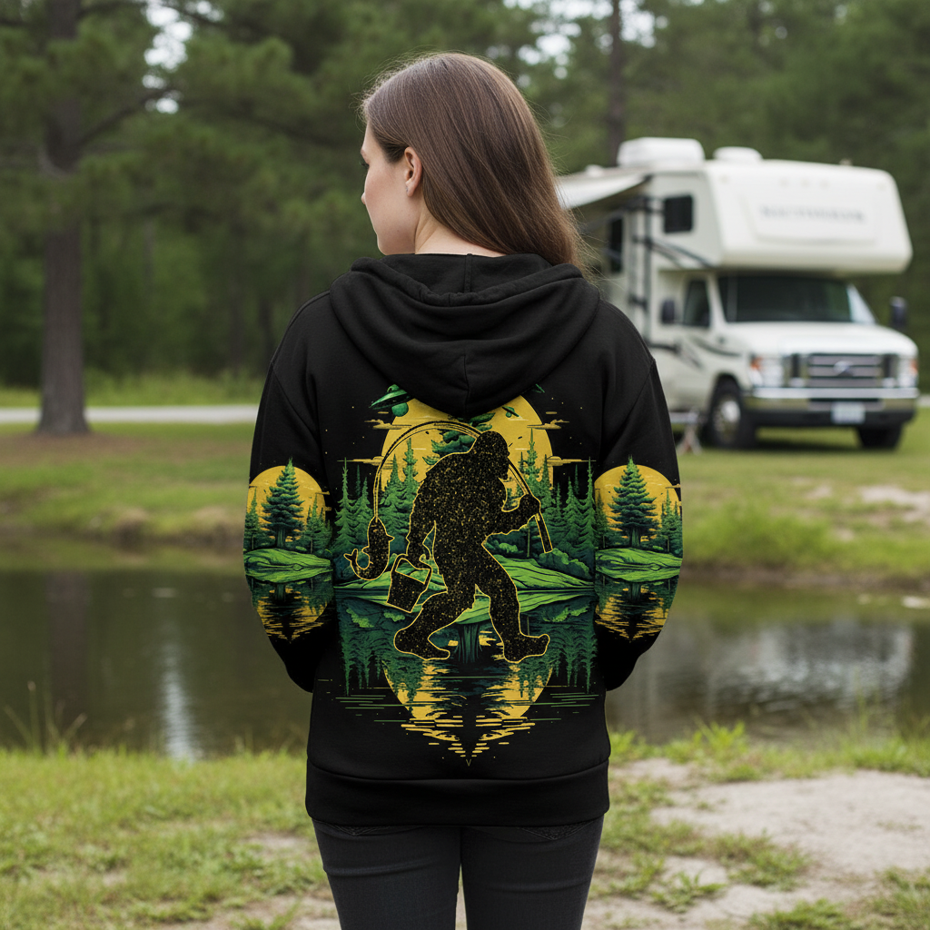 Bigfoot Fishing Green Alien Forest All Over Print Shirt