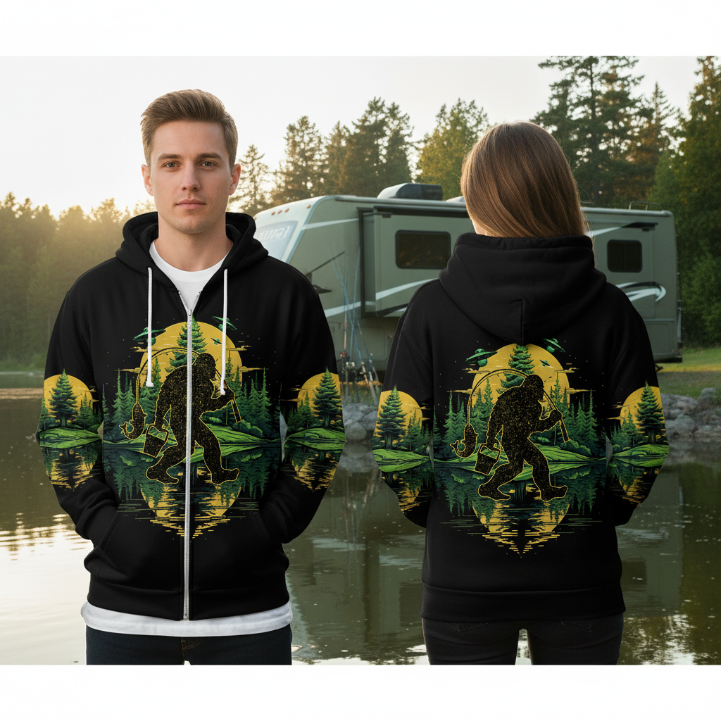 Bigfoot Fishing Green Alien Forest All Over Print Shirt