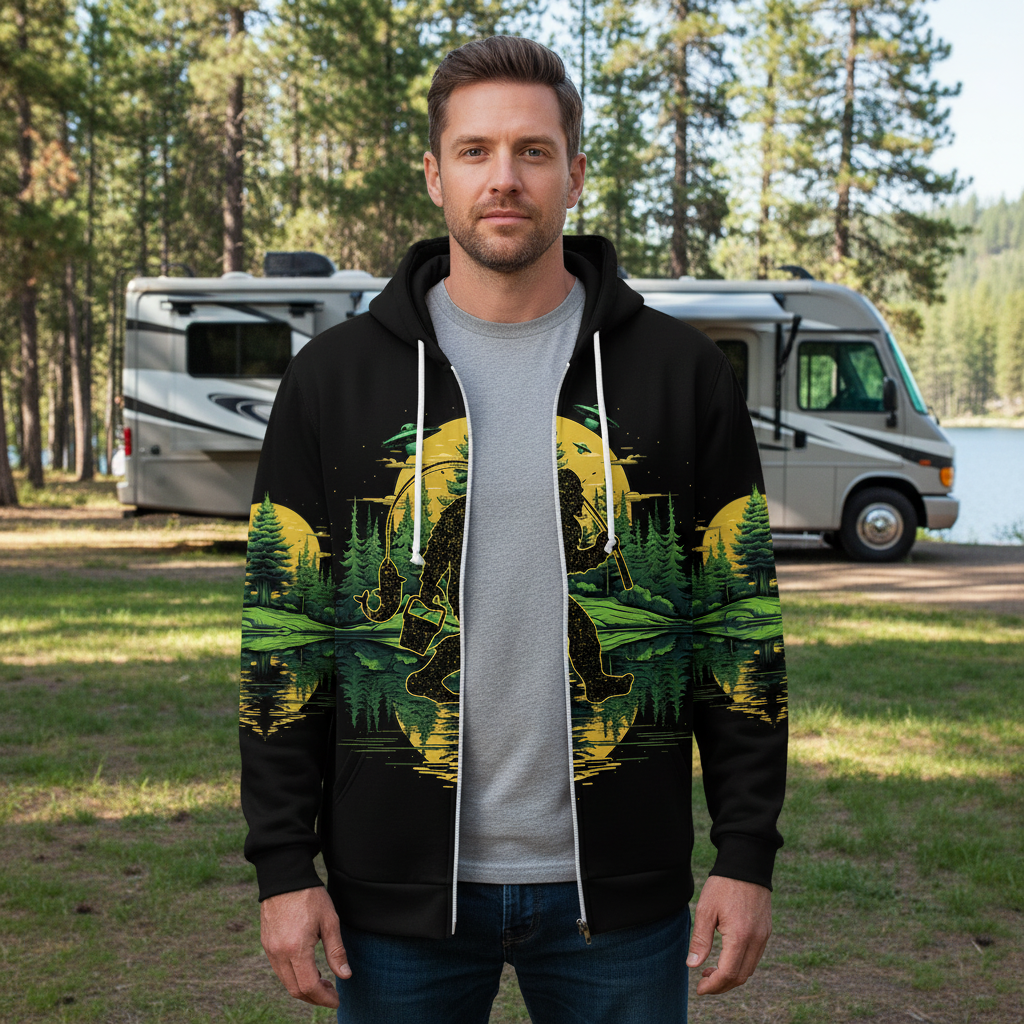 Bigfoot Fishing Green Alien Forest All Over Print Shirt