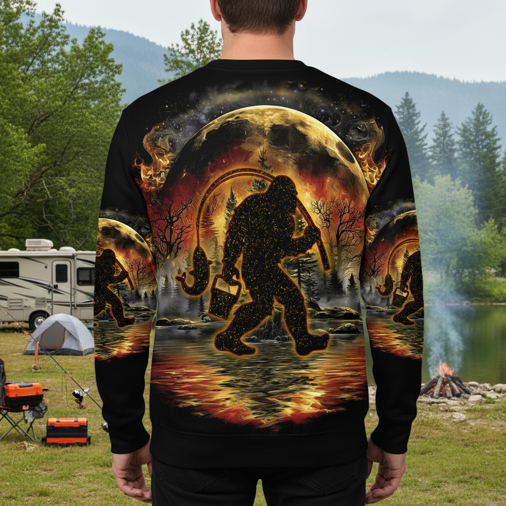Fiery Bigfoot Fishing All Over Print Shirt
