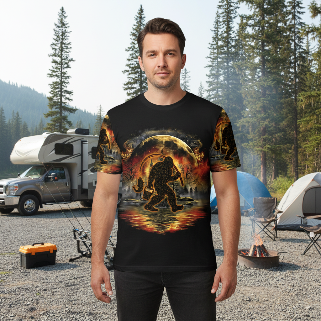 Fiery Bigfoot Fishing All Over Print Shirt