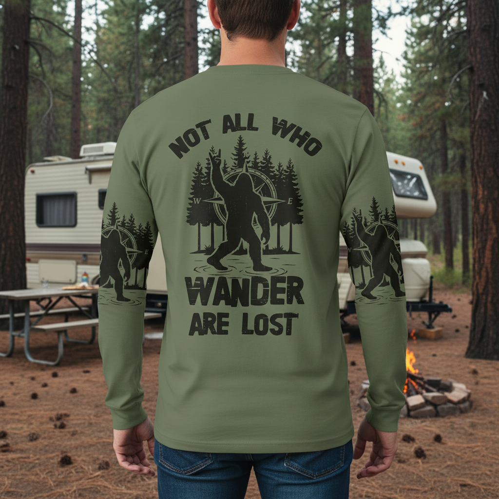 Not All Who Wander Are Lost Bigfoot Walking All Over Print Shirt