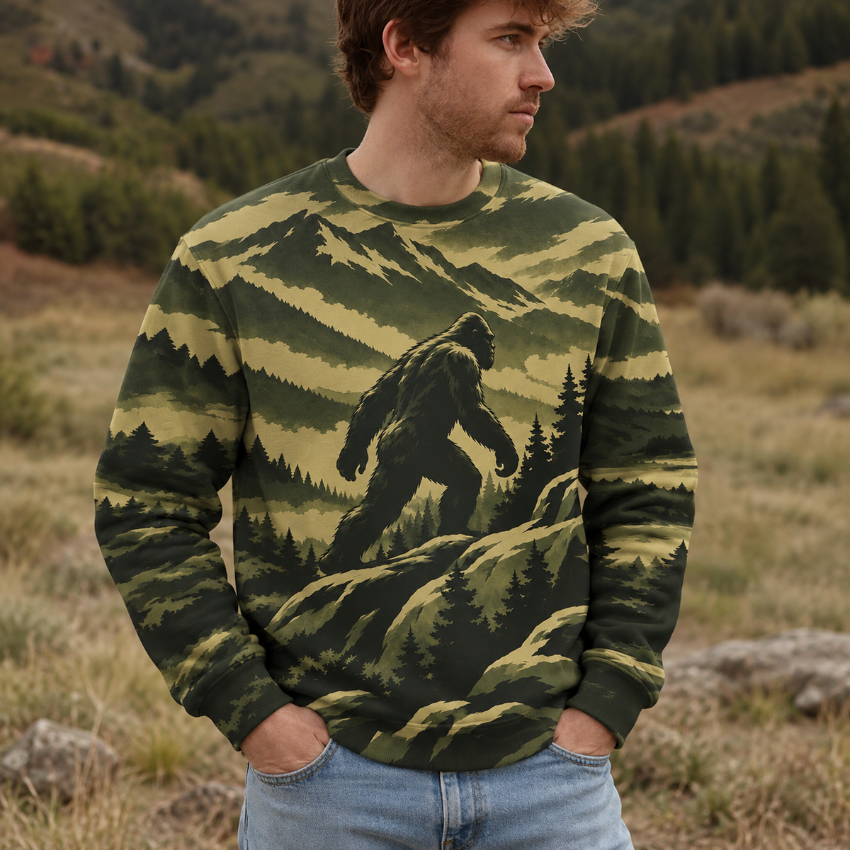 Bigfoot Hiking Mountain Peaks Camo All Over Print