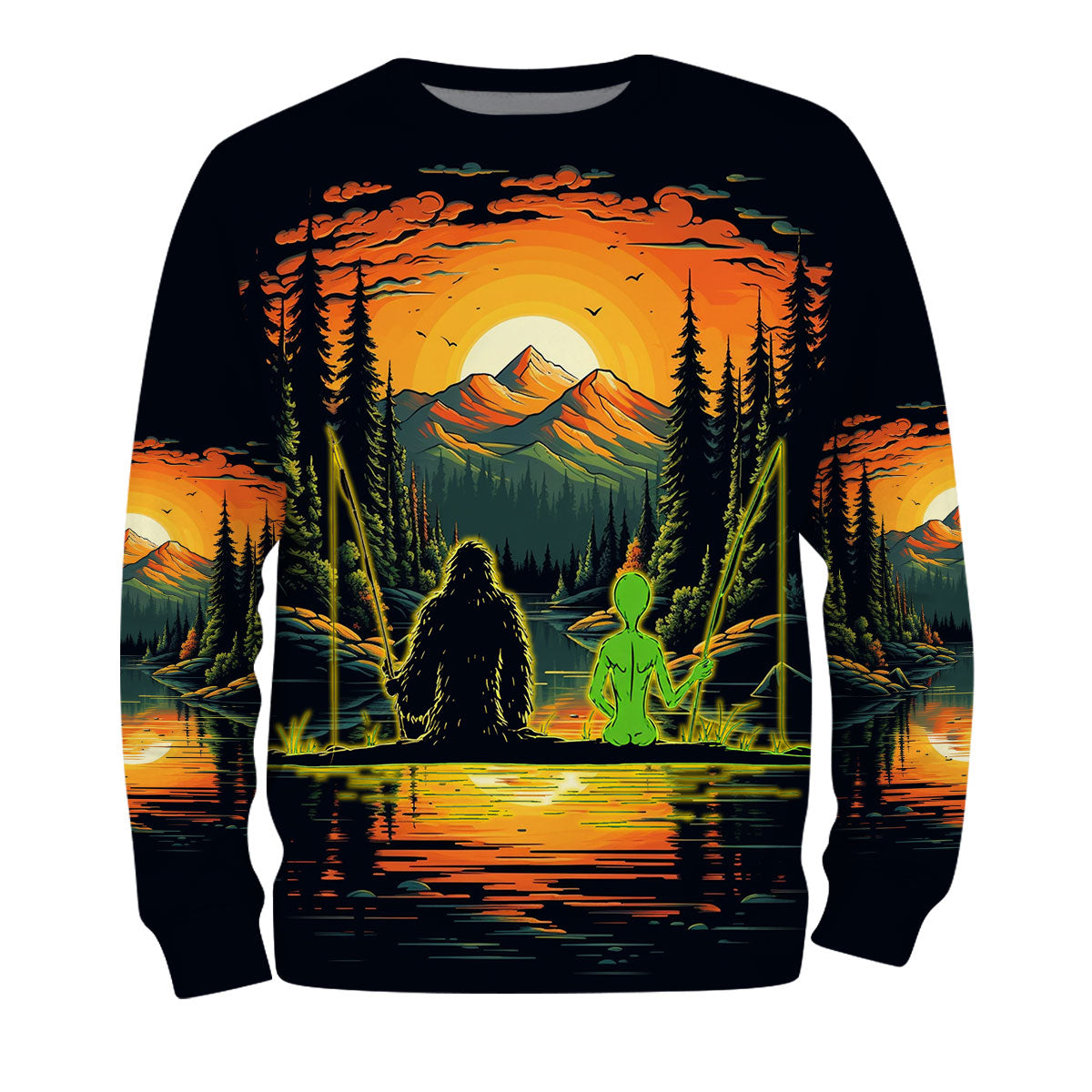 Bigfoot And Alien Fishing Night All Over Print Shirt