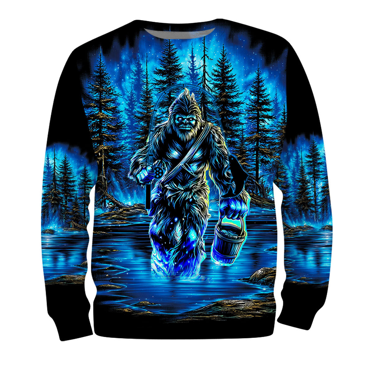 Bigfoot Fishing Blue Moon Light All Over Print Shirt