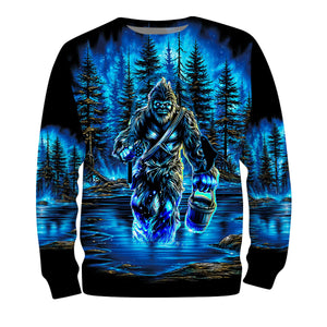 Bigfoot Fishing Blue Moon Light All Over Print Shirt