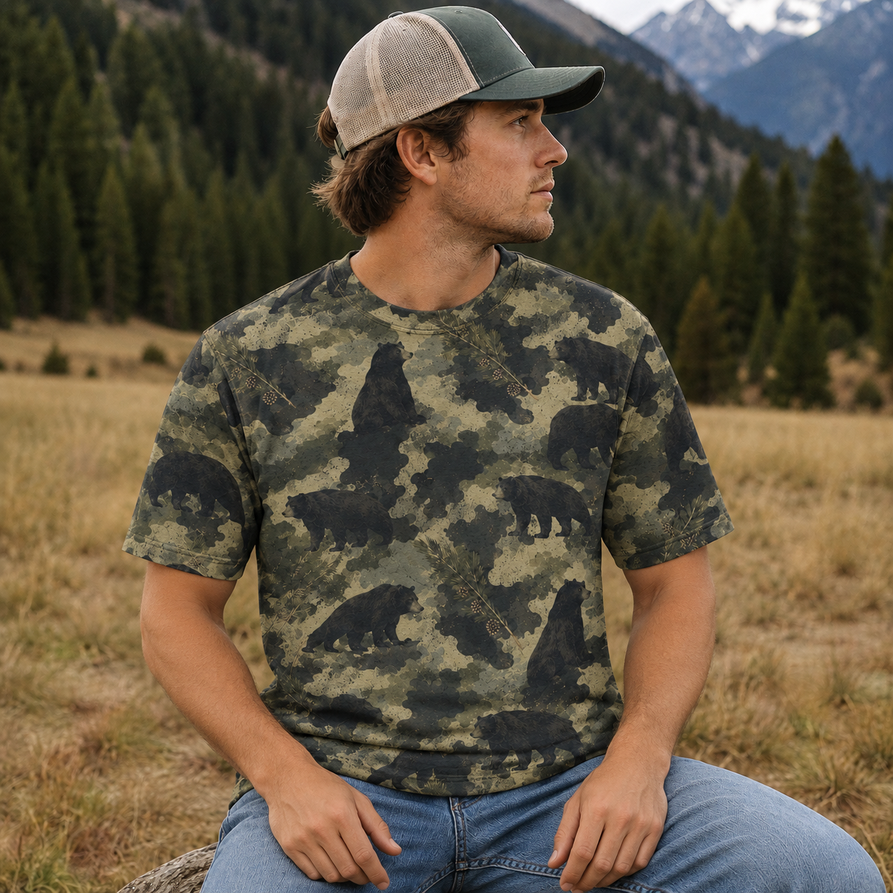 Black Bear Camouflage Graphic Pattern All Over Print Shirt