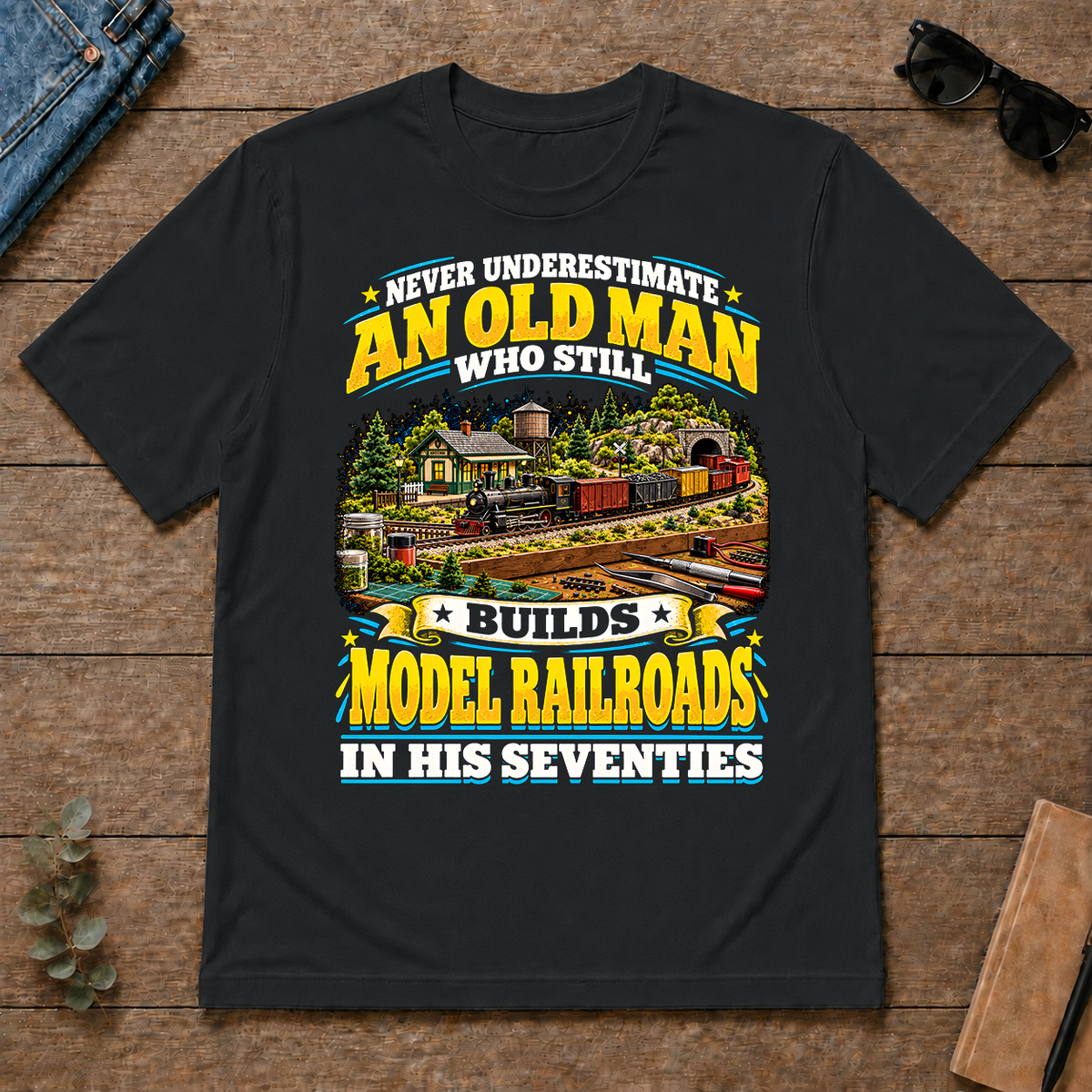 Yellow An Old Man Still Builds Model Railroads In His Seventies - black - TS2D-Black