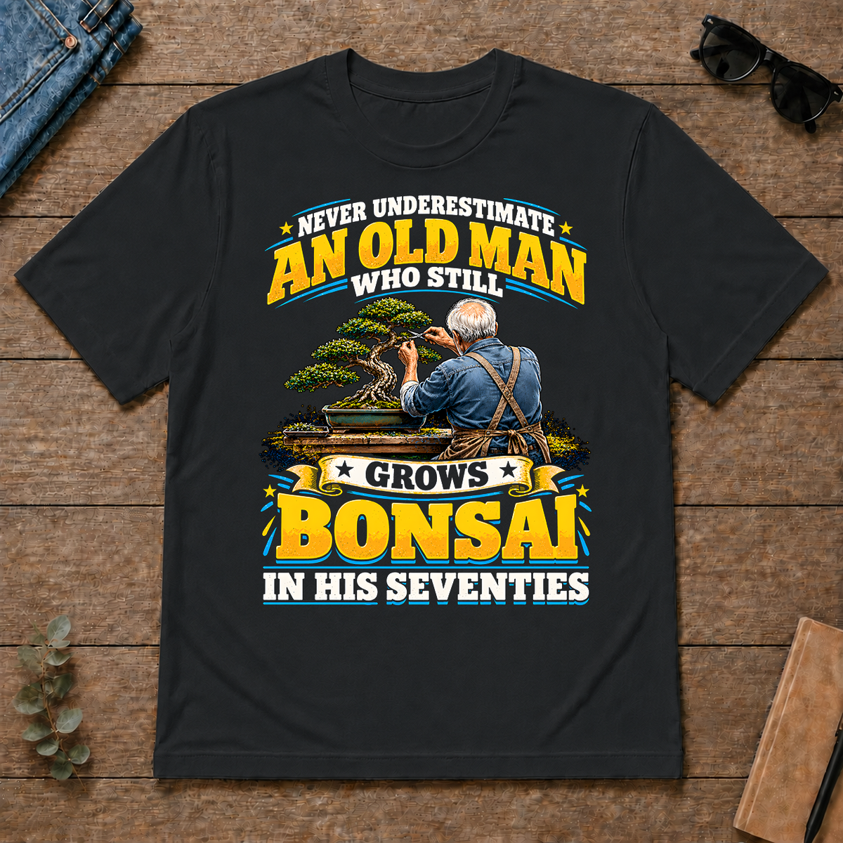 Yellow An Old Man Still Grows Bonsai In His Seventies - black - TS2D-Black