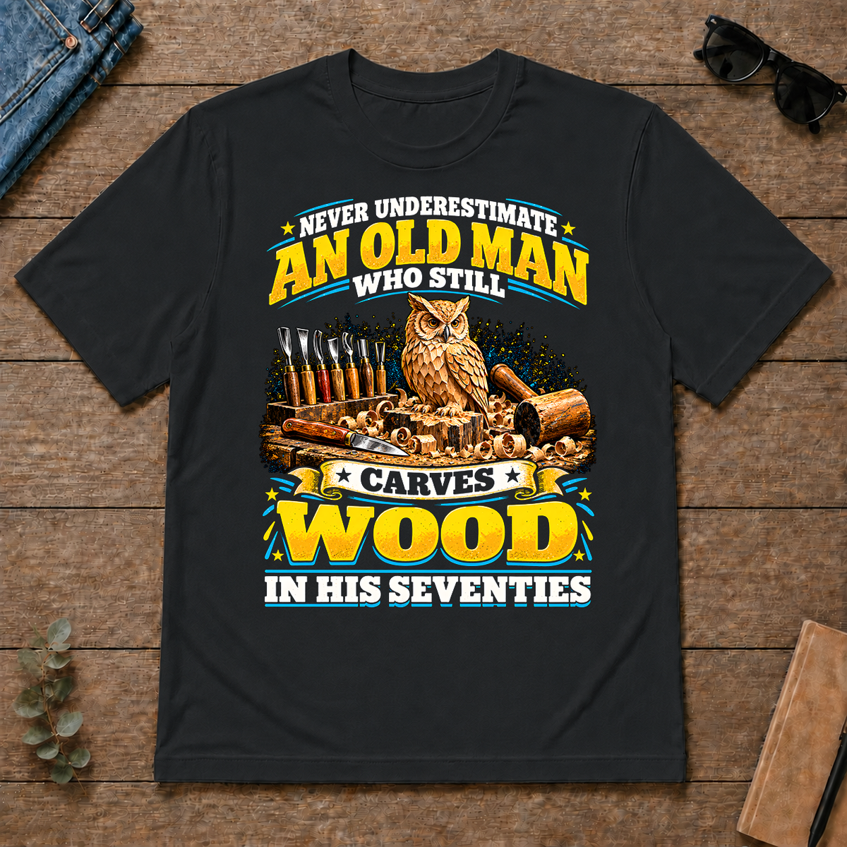 Yellow An Old Man Still Carves Wood In His Seventies - black - TS2D-Black