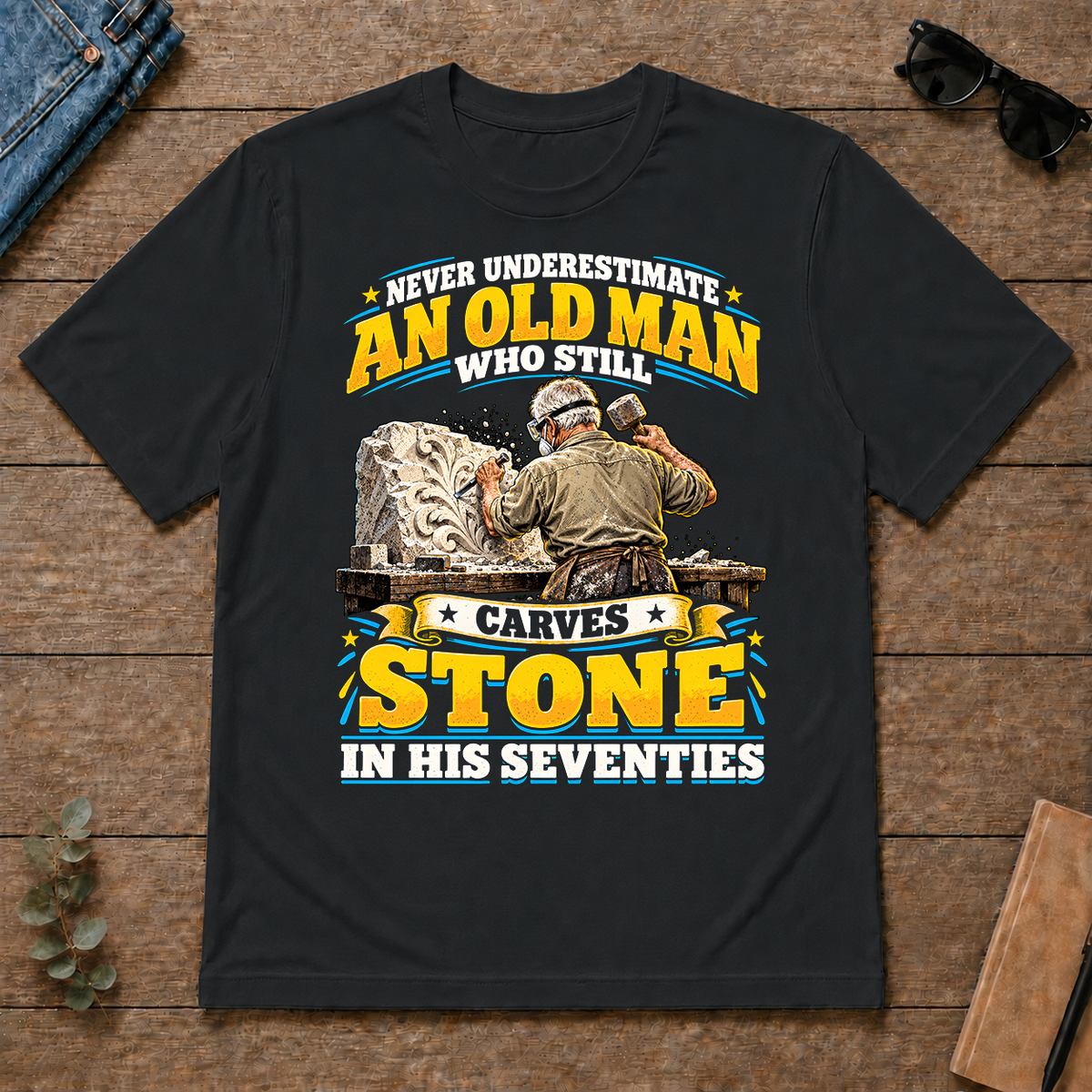 Yellow An Old Man Still Carves Stone In His Seventies - black - TS2D-Black
