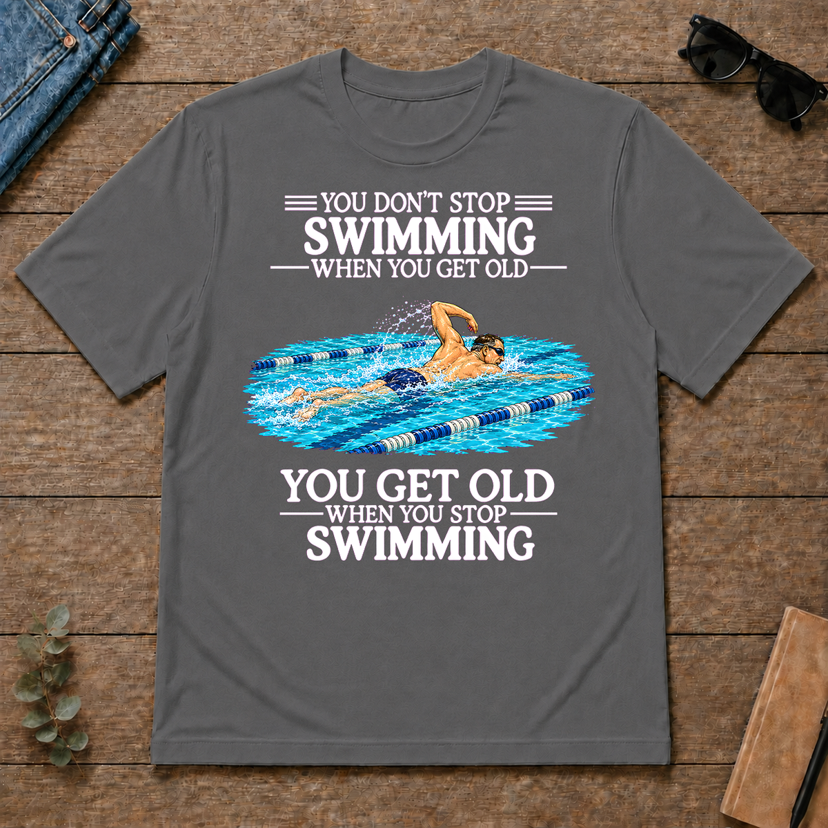 Old Man Don't Stop Swimming - charcoal - TS2D-Charcoal