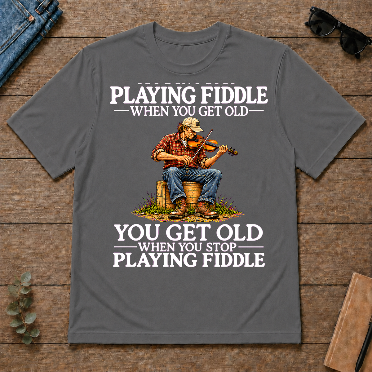 Old Man Don't Stop Playing Playing Fiddle - charcoal - TS2D-Charcoal