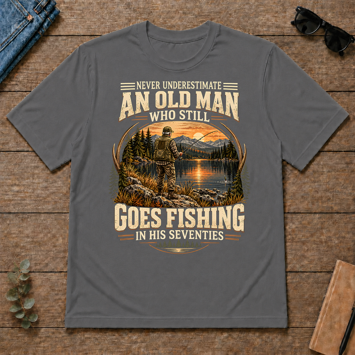 An Old Man Goes Fishing In 70s - charcoal - TS2D-Charcoal