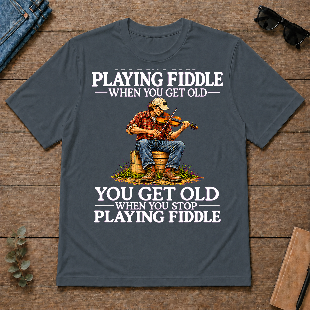 Old Man Don't Stop Playing Playing Fiddle - dark-heather - TS2D-DarkHeather