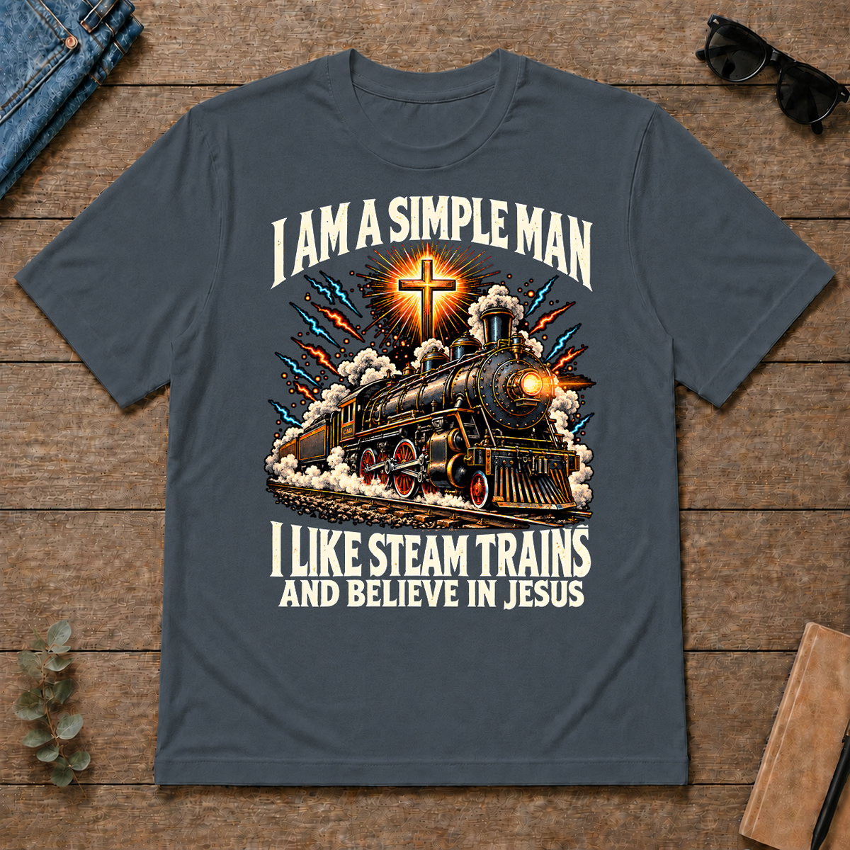 I Like Steam Trains & Believe In Jesus - dark-heather - TS2D-DarkHeather