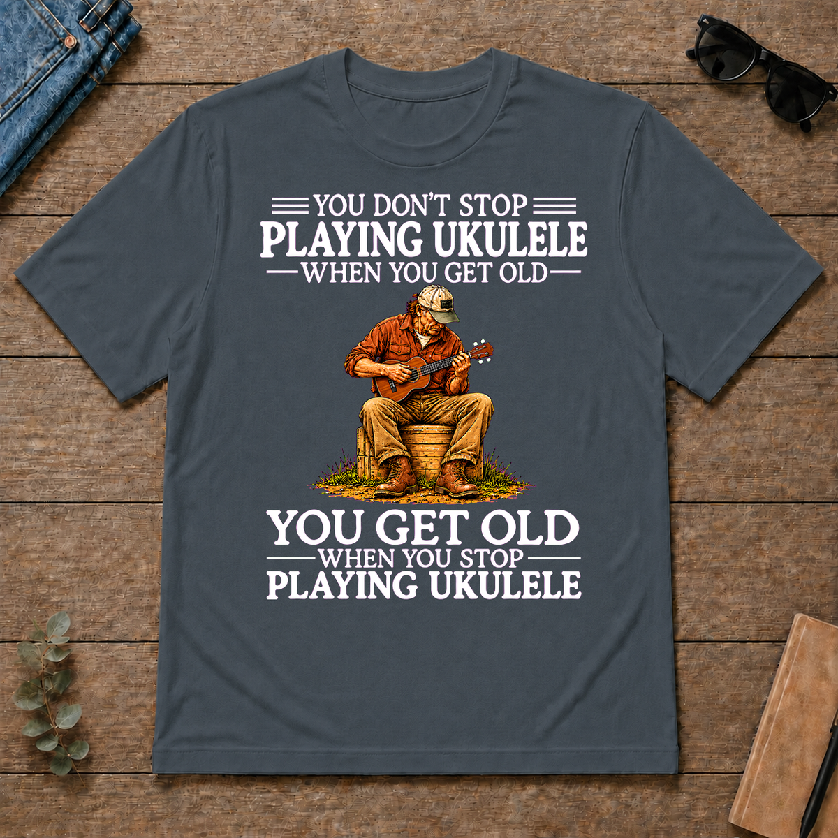 Old Man Don't Stop Playing Ukulele - dark-heather - TS2D-DarkHeather