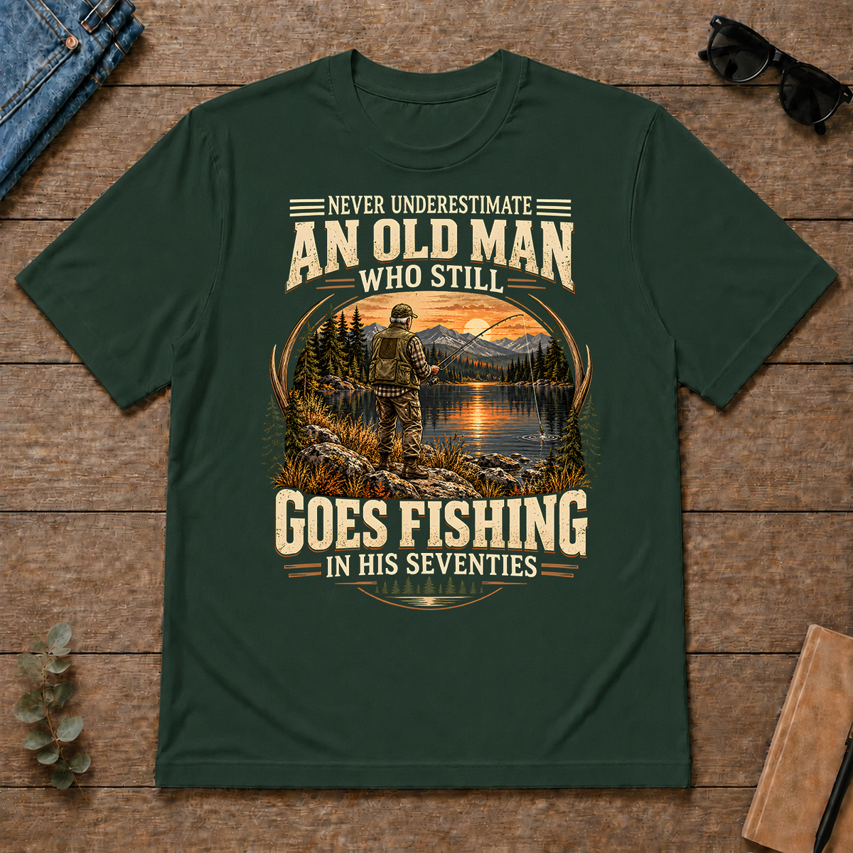 An Old Man Goes Fishing In 70s - forest-green - TS2D-ForestGreen