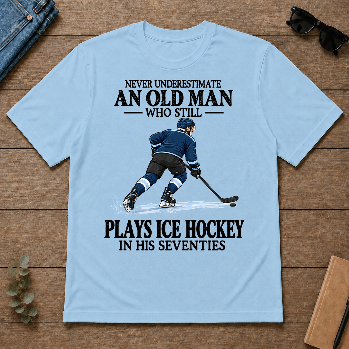 An Old Man Still Plays Ice Hockey In His Seventies - light-blue - TS2D-LightBlue