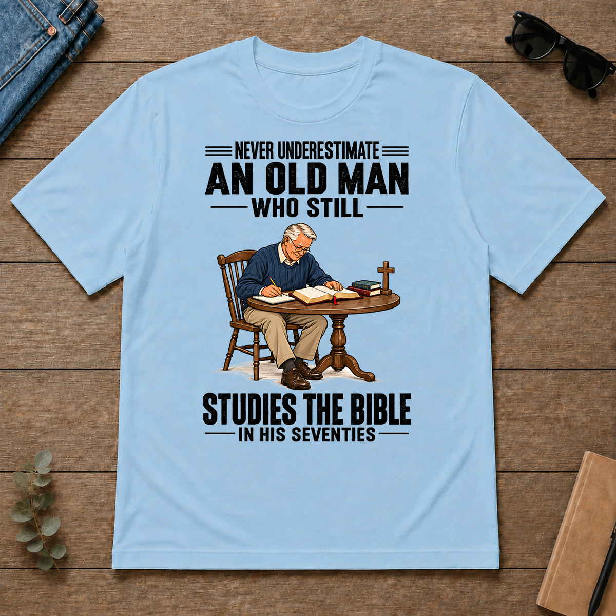 An Old Man Still Studies The Bible In His 70s - light-blue - TS2D-LightBlue