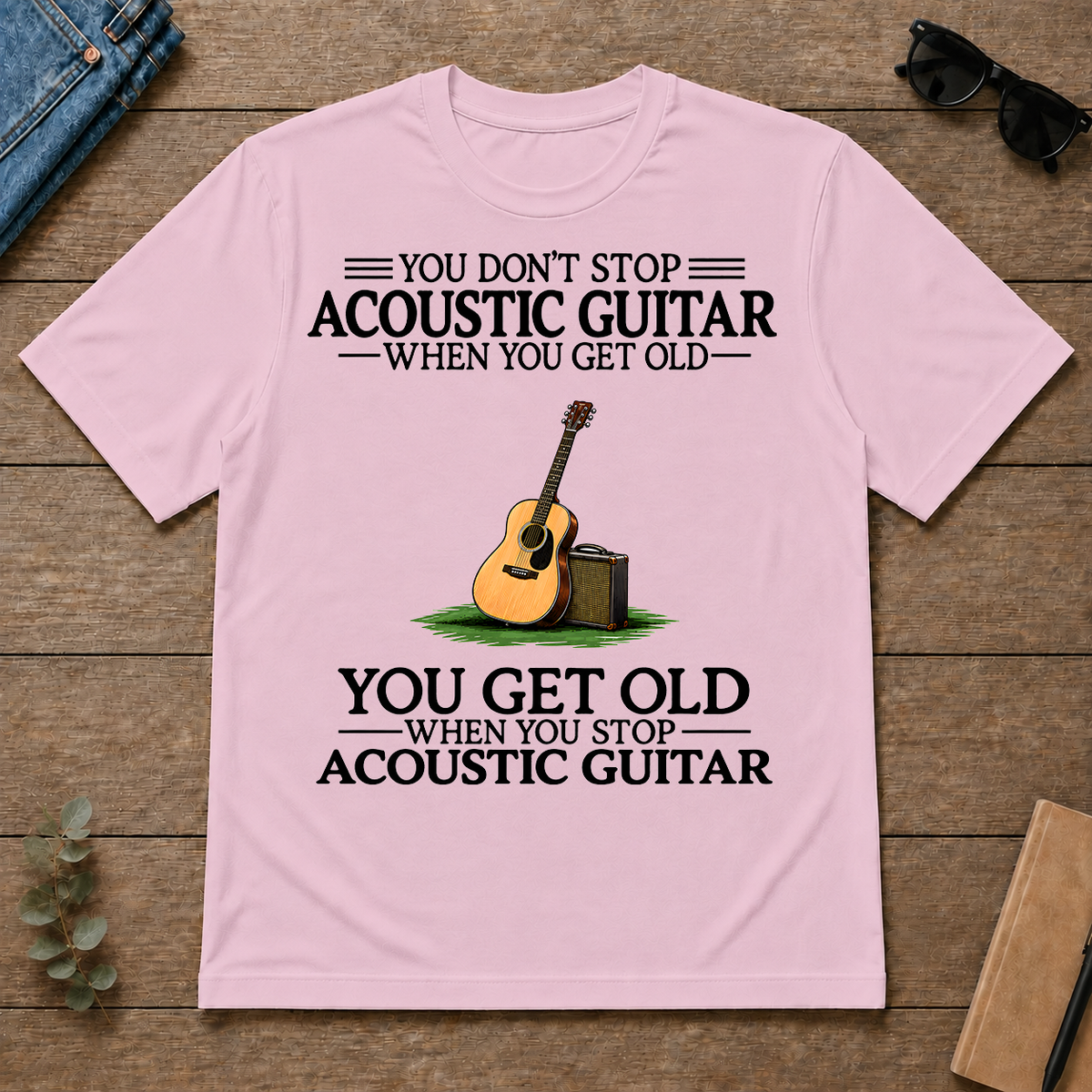 Don't Stop Playing Acoustic Guitar Vintage Art - light-pink - TS2D-LightPink