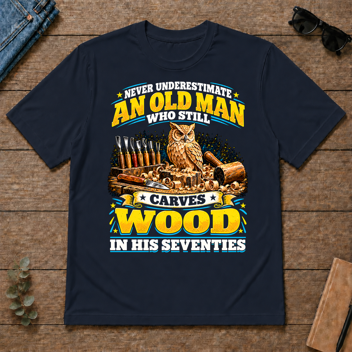 Yellow An Old Man Still Carves Wood In His Seventies - navy - TS2D-Navy