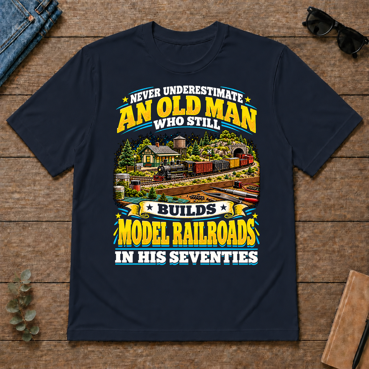 Yellow An Old Man Still Builds Model Railroads In His Seventies - navy - TS2D-Navy