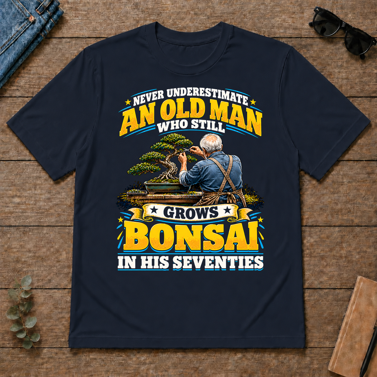 Yellow An Old Man Still Grows Bonsai In His Seventies - navy - TS2D-Navy