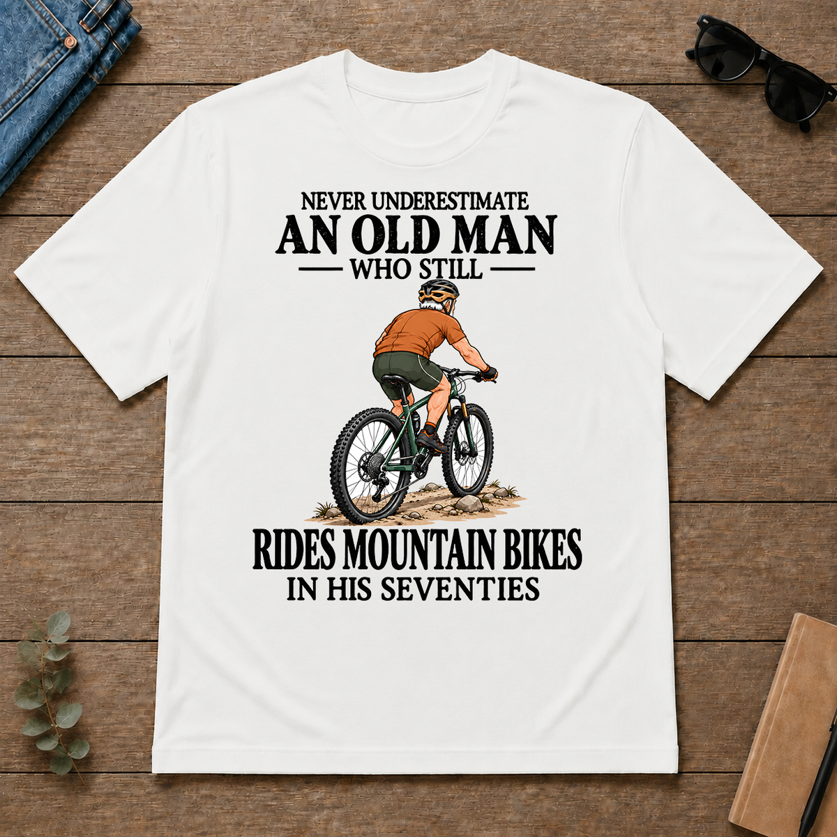 An Old Man Still Rides Mountain Bikes In His Seventies - white - TS2D-White