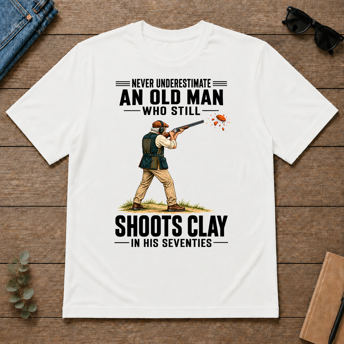 Never Underestimate An Old Man Shoots Clay In His 70s - white - TS2D-White