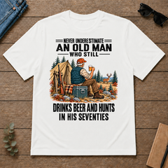 An Old Man Still Drinks Beer And Hunts In His 70s - white - TS2D-White