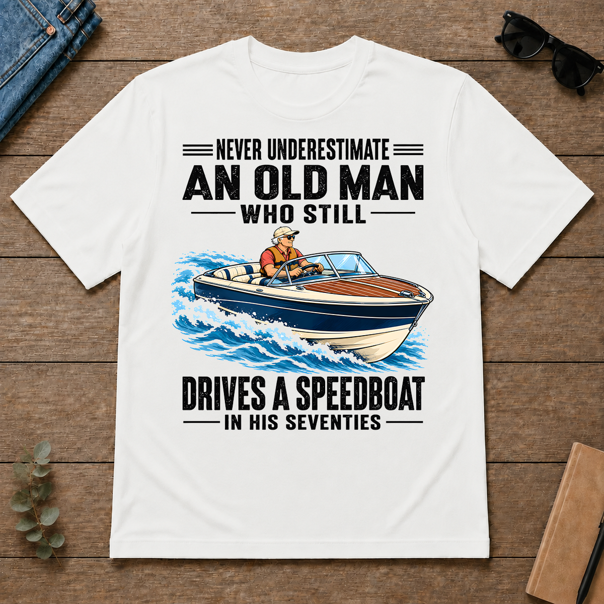 An Old Man Still Drives A Speedboat In His 70s - white - TS2D-White