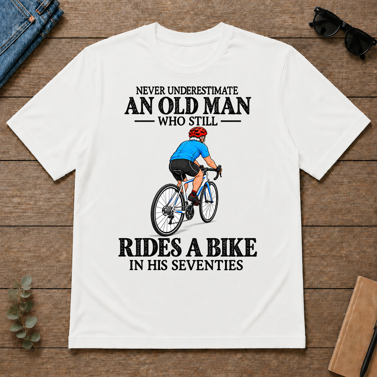 An Old Man Still Rides A Bike In His Seventies - white - TS2D-White