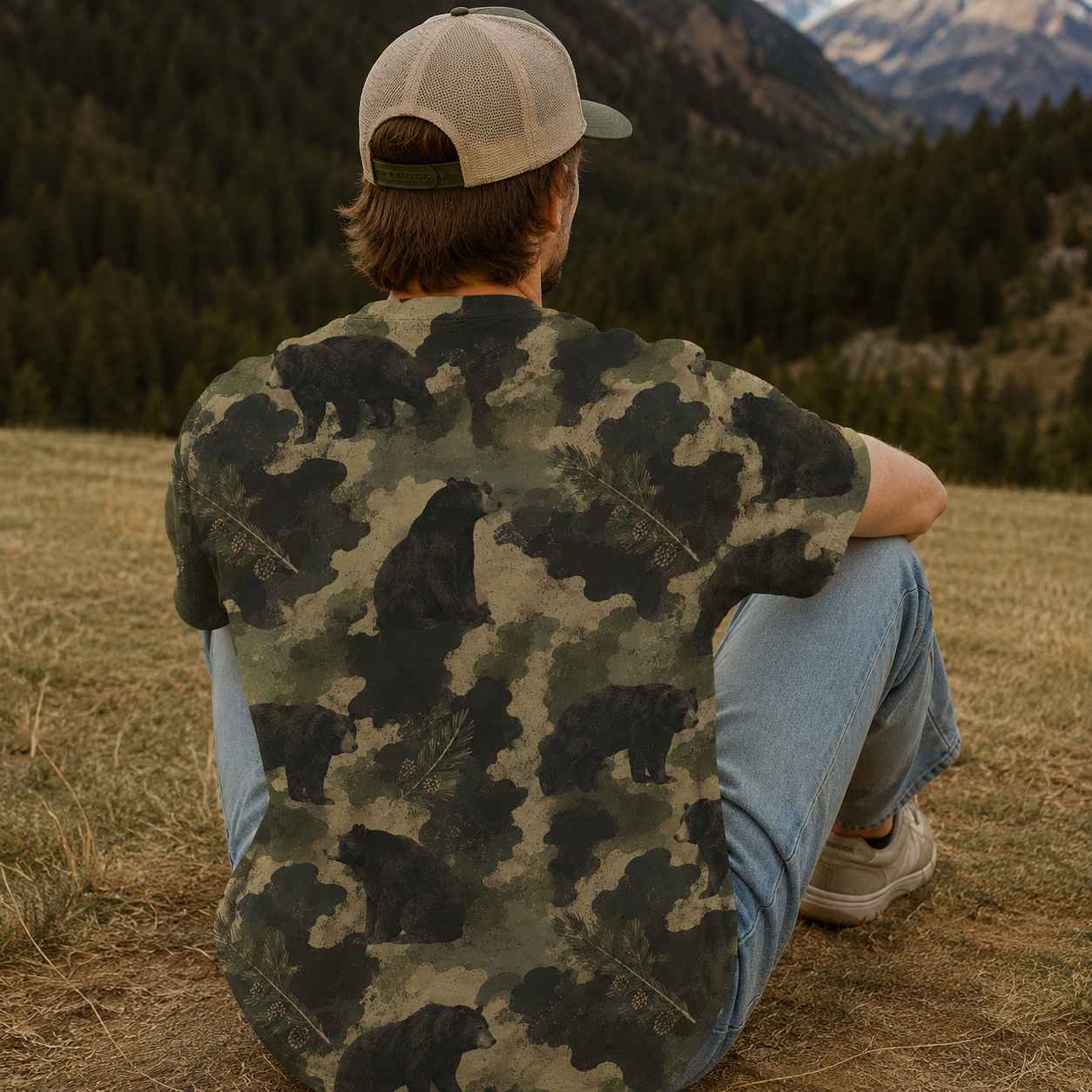 Black Bear Camouflage Graphic Pattern All Over Print Shirt
