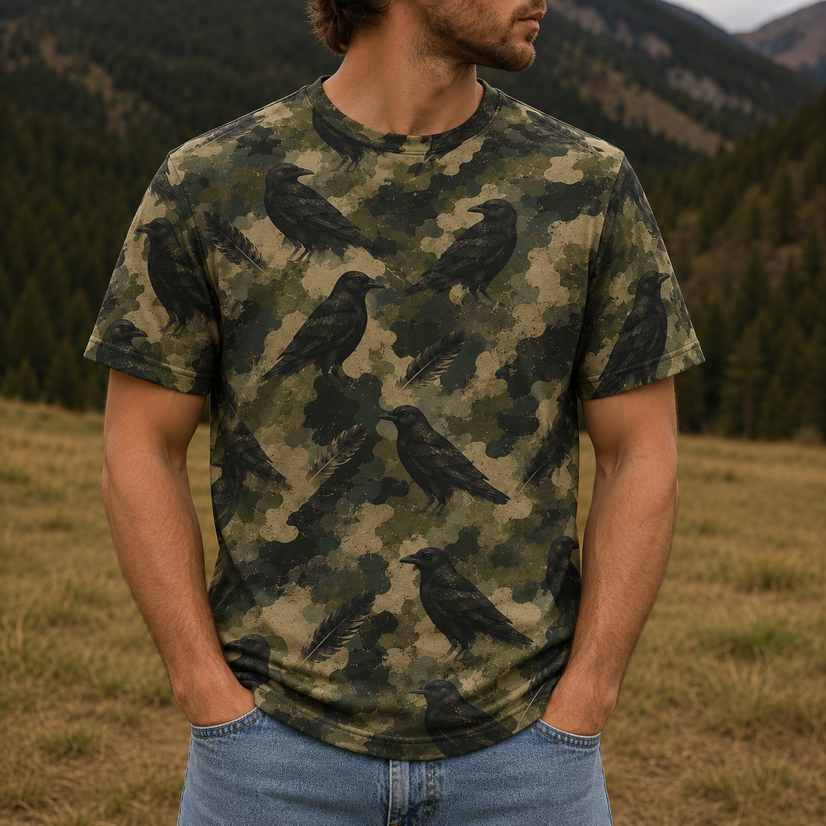 Crow Camouflage Graphic Pattern All Over Print Shirt