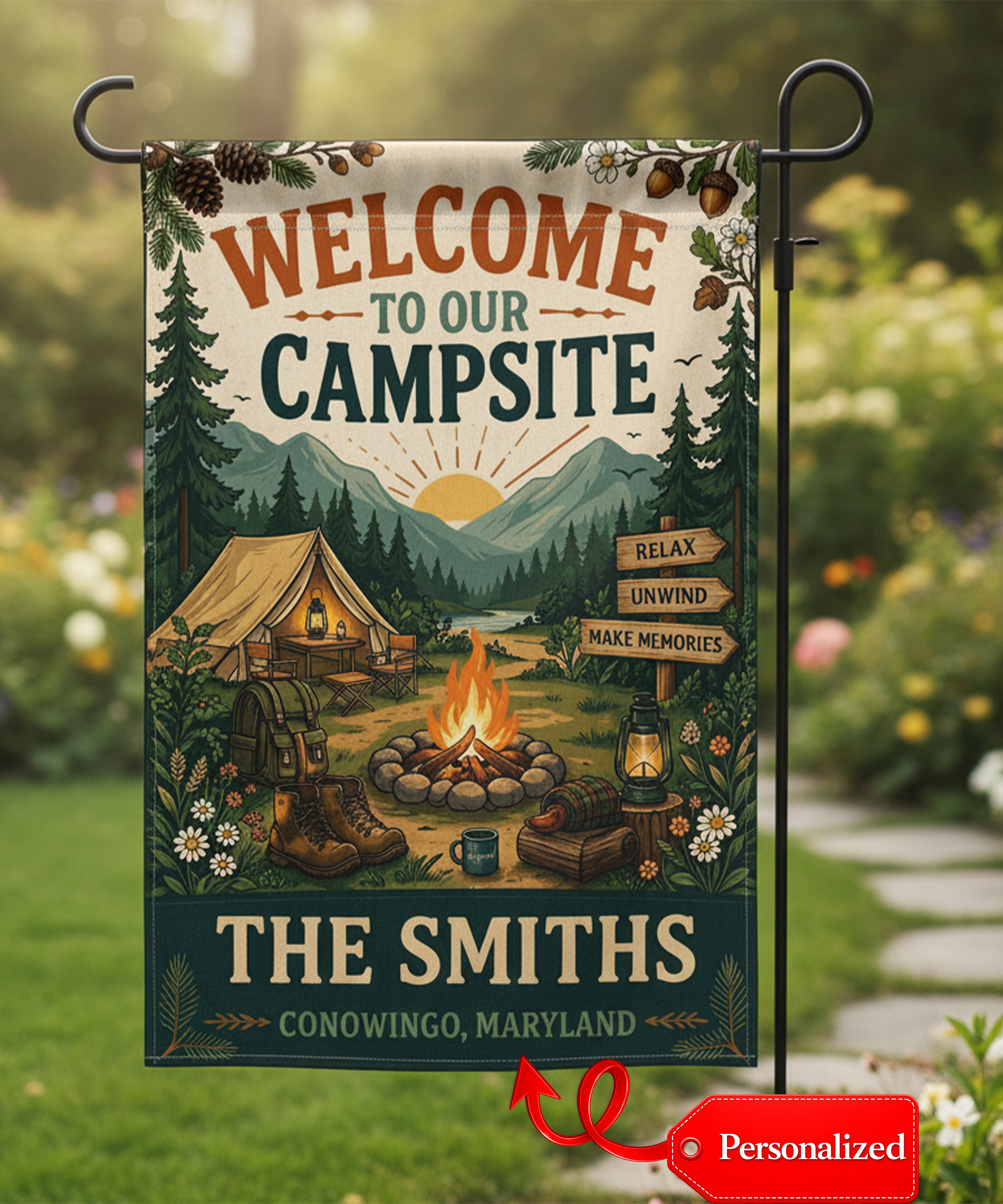Personalized Welcome To Our Campsite Relax Flag Decor