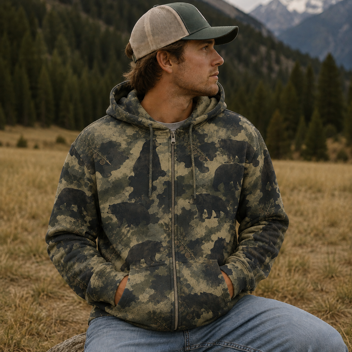 Black Bear Camouflage Graphic Pattern All Over Print Shirt